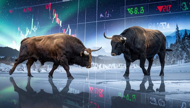 Two large bulls face each other on a glossy surface with mountains and data displays as a background
