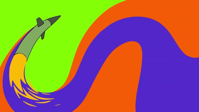 Cartoon Rocket Flying Path with Smoke Trail Wipe Transition on Green Screen Animation, Missile Flying Around with Fading Smoke Trail Transition Overlay Green Screen