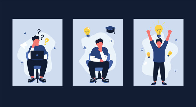 Three stages of a man generating new ideas from confusion to thinking and finally achieving a bright light bulb success.