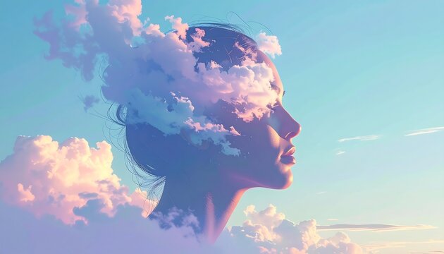 Woman s face merges with fluffy clouds in serene daytime sky