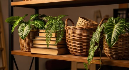 Fototapeta premium Wooden shelf displayed with potted plants woven baskets and stacked books