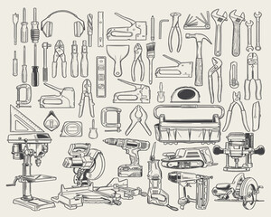Fototapeta premium Collection of hand tools and workshop equipment drawn in clean black and white line art. The artwork features screwdrivers, hammers, pliers, clamps, drills, measuring tools, and toolbox elements, suit
