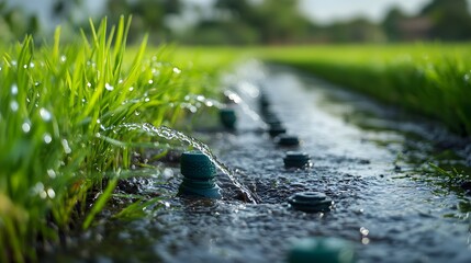 Close up of water saving devices in a rice field vibrant with green grass and flowing irrigation water highlighting sustainable agriculture practices for modern farming efficiency and