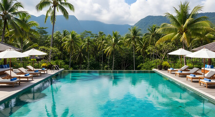 Obraz premium Tropical pool villa palm trees misty mountains