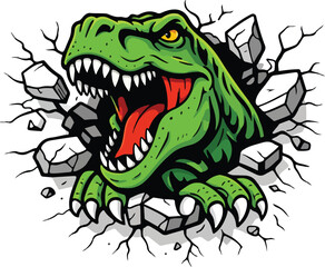 Obraz premium Fierce T-Rex Dinosaur Breaking Through Wall – Aggressive Tyrannosaurus Mascot Illustration for Gaming, Esports Logo and T-Shirt Design