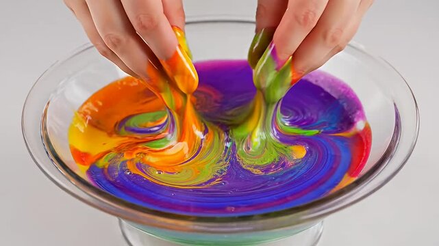 Hands mixing a multicolored liquid slime in a glass bowl with vivid colors