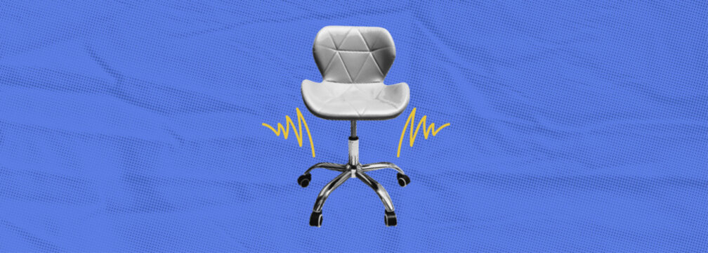 Empty office chair metaphor concept. Open vacancy position and hiring opportunity in corporate workplace. Halftone collage vector illustration.