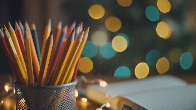 Colorful pencils in metal holder with festive lights and notebook