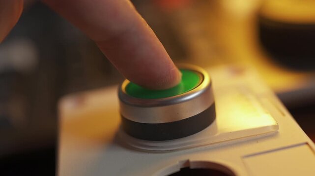 Finger Pressing Green Start Button to Activate Industrial System