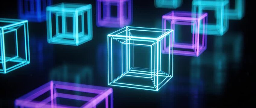 Abstract neon looping cube pattern background glow vibrant dark surface geometric 3d art digital futuristic technology concept cyber grid virtual network luminous line design loop render atmosphere