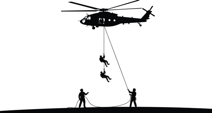 Military helicopter rope rescue operation silhouette with soldiers fast roping from aircraft, tactical airborne insertion and special forces training vector isolated on white