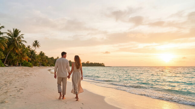 Romantic Couple Walking Hand in Hand on Tropical Beach at Golden Sunset