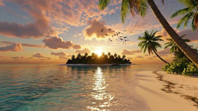Tranquil tropical paradise scene featuring an island, palm trees, and ocean during sunset with bird flock
