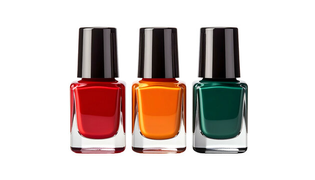 Three nail polish bottles, red, orange, and green, with black caps, isolated on black