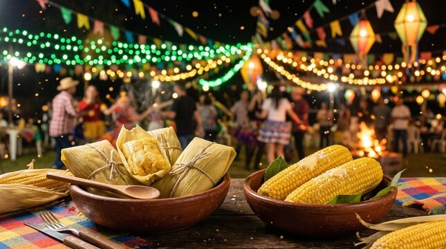 Brazilian Festa Junina Pamonha and Corn with Green and Yellow Celebration Lights