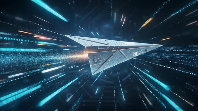 Futuristic paper airplane flying through digital space with glowing light trails and high tech background