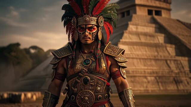 Ancient Aztec warrior in traditional armor and feathered headdress standing by a historic pyramid at sunset