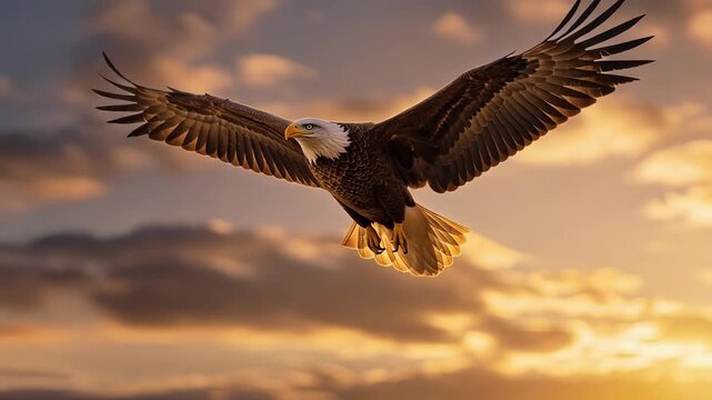 Majestic bald eagle soaring in golden sunset sky with spread wings and dramatic clouds