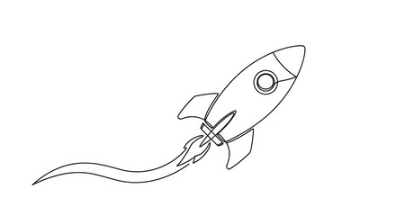 Fototapeta premium Simple Line Art Rocket Ship Launching into Space with Flame Trail