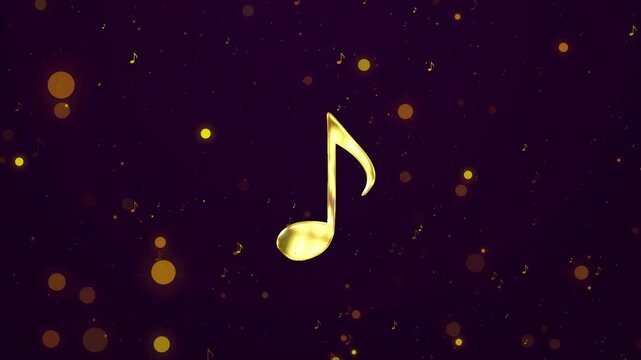 Elegant Golden 3d Eighth Music Note Icon Floating On A Deep Purple Background Filled With Shimmering Gold Particles, Sparkling Bokeh Light Effects, And Tiny Flying Notes. Luxurious And Festive Motion 