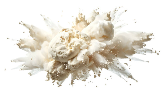 Creamy, off-white substance bursts outward against a black backdrop, appearing explosive