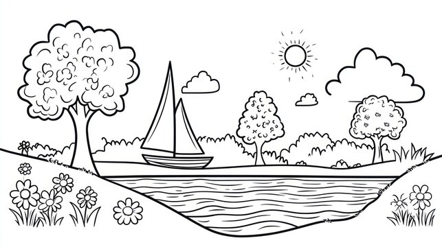 Black and white landscape with sailboat and trees