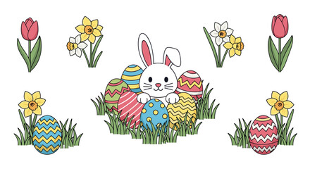 Obraz premium Colorful Easter eggs and a cheerful bunny surrounded by flowers, in a playful flat design style