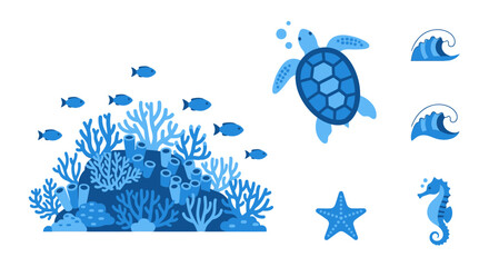 Blue sea turtle and ocean creatures. © syarifah