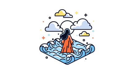 A woman in a flowing red dress stands amidst stylized waves and clouds in a modern, flat design