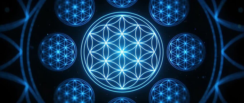 Looping geometric pattern design with glowing light and neon blue sacred geometry circle mystical energy abstract background symmetry spiritual symbol cosmic futuristic art in deep dark space