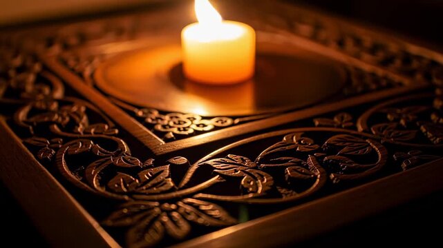 Candle on carved wooden decorative box.