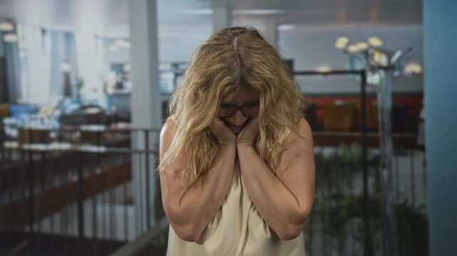 Woman with hands clasped to chest and glasses in a hotel building lobby, blonde and indoors; relief hope.