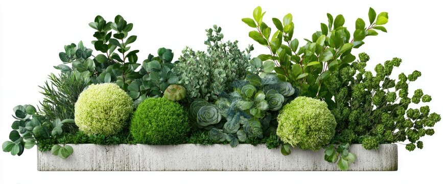 A rectangular planter overflowing with an assortment of green plants and moss