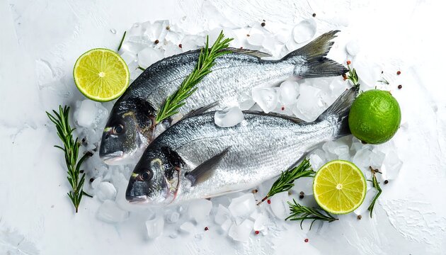 Two fresh, whole gilthead sea bream fish on crushed ice with lime halves and rosemary sprigs on a white surface