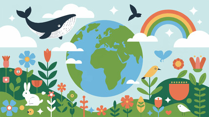 Fototapeta premium Vibrant illustration of planet earth surrounded by nature elements rainbow and diverse wildlife in a whimsical landscape