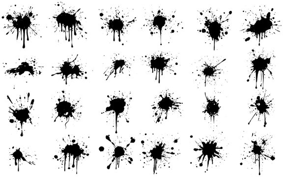 Set of vector brushes. Mega pack set of different brush splash. Big collection of black splash paint. Ink drops and splashes.