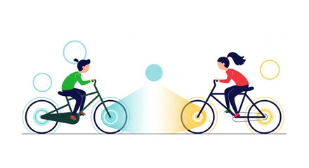 Naklejka premium Children riding bicycles with colorful gradient background flat design illustration