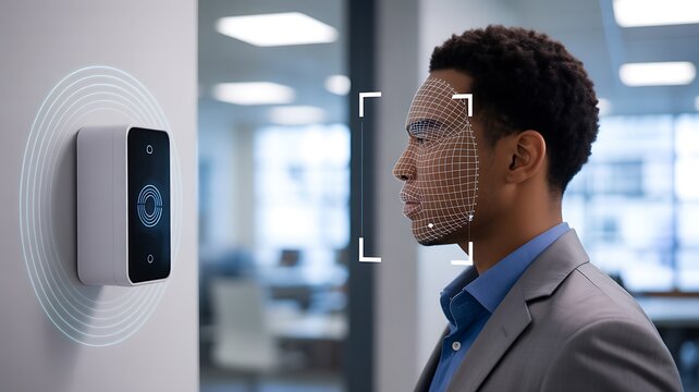 Facial recognition biometric access system scanning man face for digital identity verification