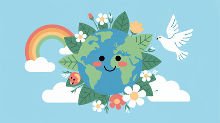 Fototapeta premium Smiling planet earth surrounded by lush green leaves and vibrant flowers with a dove flying nearby under a rainbow