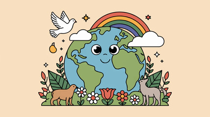 Fototapeta premium Smiling cartoon earth surrounded by lush greenery and animals under a vibrant rainbow with clouds stars and a dove in a whimsical illustration