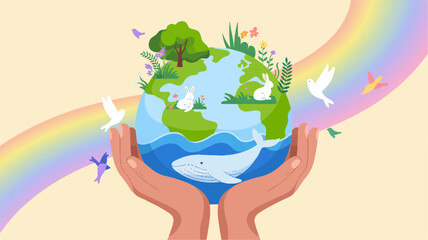 Fototapeta premium Hands holding earth with rainbow and doves symbolizing peace and environmental conservation efforts