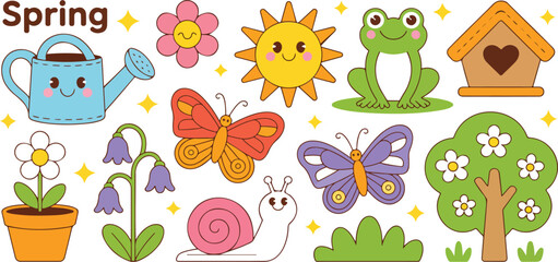 Cute Spring Nature Illustration Set with Kawaii Flowers Butterflies Frogs Snail Sun Watering Can Tree and Garden Elements Seasonal Vector © Mdmokbul
