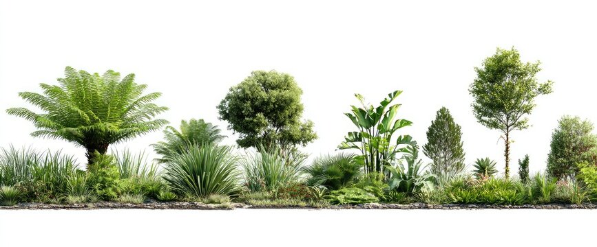 A row of various green plants, shrubs, and trees against a bright white backdrop