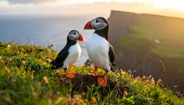 Two puffins stand on grassy cliff edge, ocean and distant cliffs in background, illuminated by golden sunlight