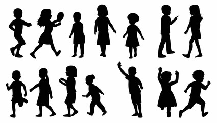 Fototapeta premium Diverse group of children running and playing together in silhouette