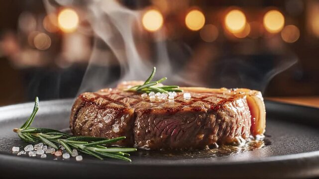 Juicy grilled ribeye steak with sea salt and fresh rosemary on black plate with steam and warm bokeh lights background, perfect for restaurant menus