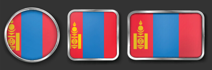 Fototapeta premium MONGOLIA Metallic Flag Collection, Circular, Square and Rectangular MONGOLIA Flag Badges Set