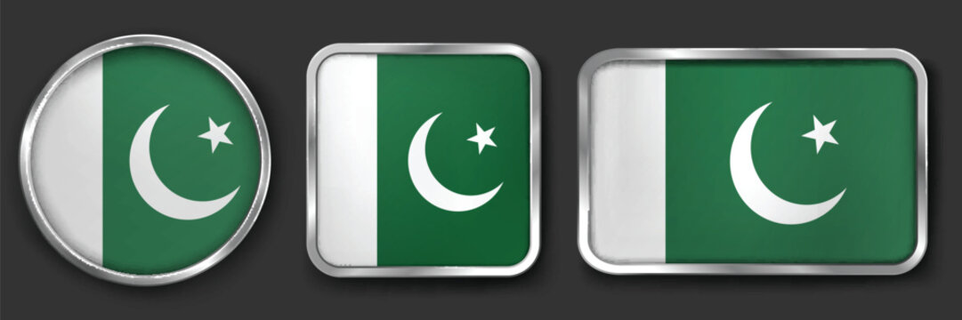 PAKISTAN Metallic Flag Collection, Circular, Square and Rectangular PAKISTAN Flag Badges Set