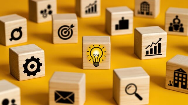 Innovative business concepts with wooden blocks and glowing lightbulb idea