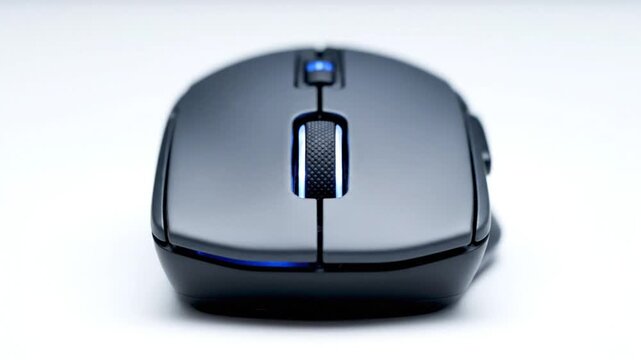 Close-up of a black wireless computer mouse on a white background, highlighting its buttons, scroll wheel, and blue lights.